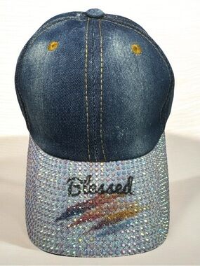 Denim Baseball Cap with Iridescent Rhinestone Brim “Blessed” Text